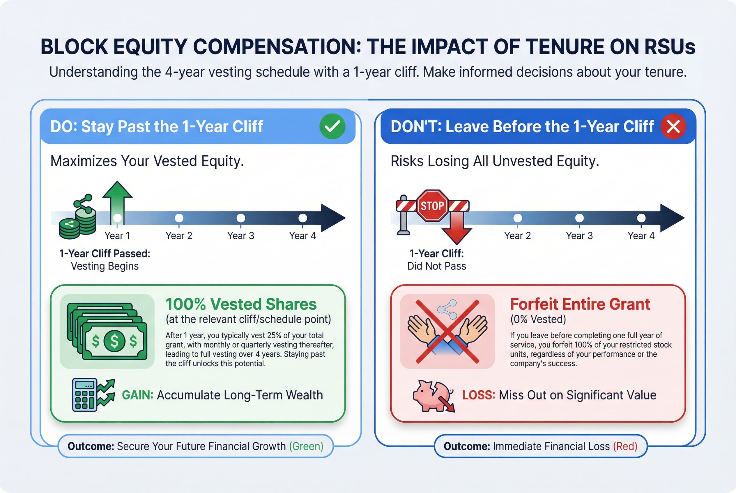 Comparison chart showing RSU forfeiture risk: Leaving before 1 year results in 100% forfeiture. Leaving after 2 years (halfway through vesting) results in 50% forfeiture of the grant.